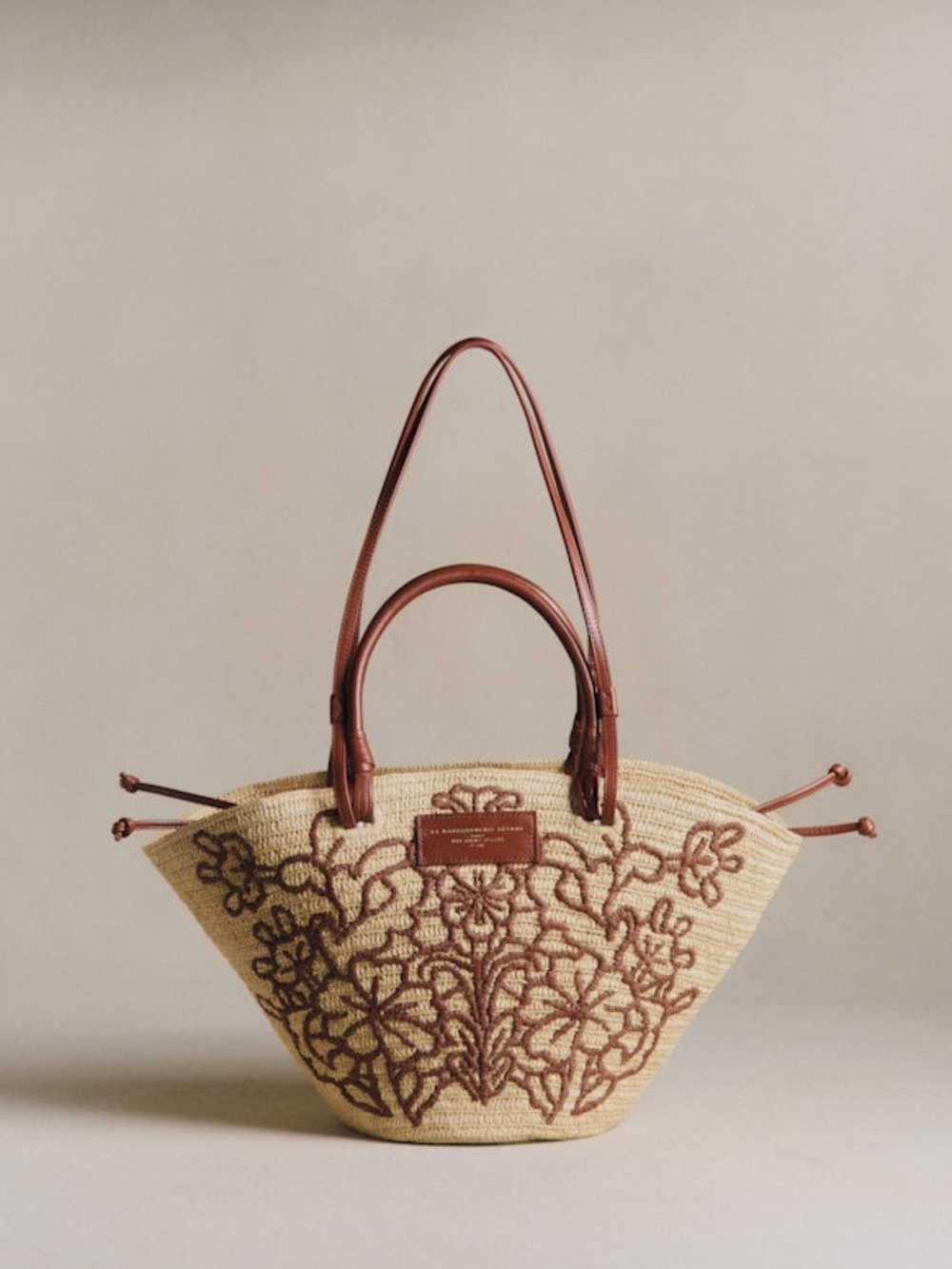 Sezane JUSTINE BASKET BAG RAFFIA EMBROIDERY TERRACOTTA FLOWERS